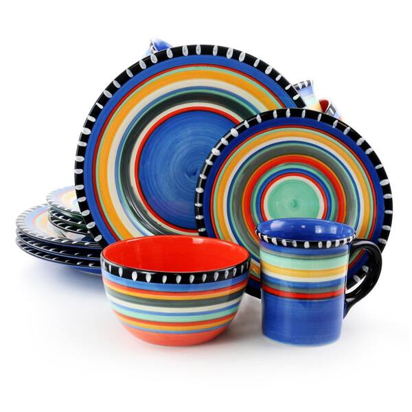 GIBSON elite Pueblo Springs Spanish Festival Durastone 16-Piece Blue Dinnerware Set