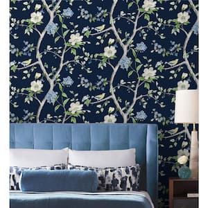 Luxe Haven Navy Blue and Spring Green Floral Trail Vinyl Peel and Stick Wallpaper Roll 40.5 sq. ft.