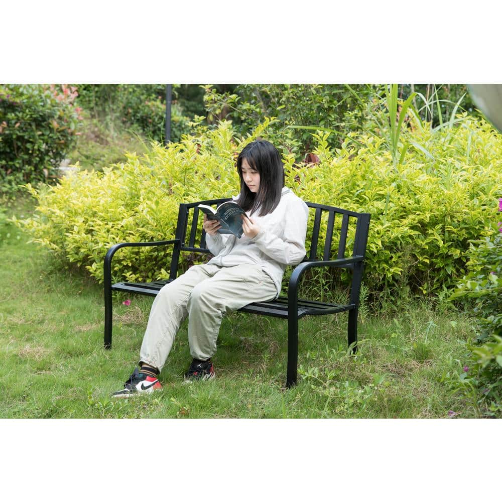 Black Steel Garden Bench with Cast Iron Frame, 52"