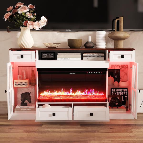 55.3 in. W Freestanding Electric Fireplace TV Stand Media Console in White with Remote Control, Fits TV up to 80 in.