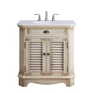 Fairfield 32 in. W x 21 in. D x 35 in. H Single Sink Bathroom Vanity in Distressed Beige with White Marble Top