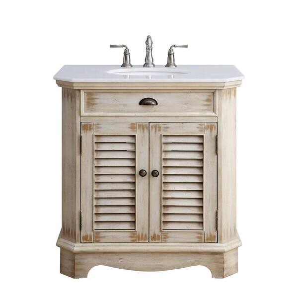 Benton Collection Fairfield 32 in. W x 21 in. D x 35 in. H Bathroom Sink Vanity in Distressed Beige with White Marble Top