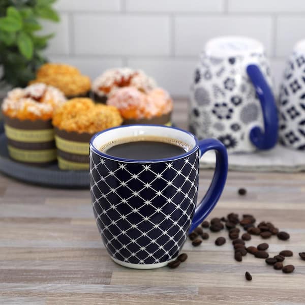 Elama Flyn 6 Piece 16 Ounce Assorted Design Stoneware Mug Set in Navy Blue and White