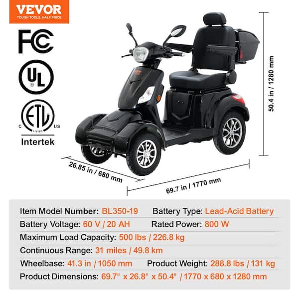 VEVOR 4-Wheel Mobility Scooters 500lbs Load 31 Miles 3-Speed 800 