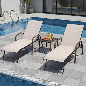 2-Pack Outdoor Aluminum Chaise Lounge Chairs Adjustable Backrest and Armrest in Beige