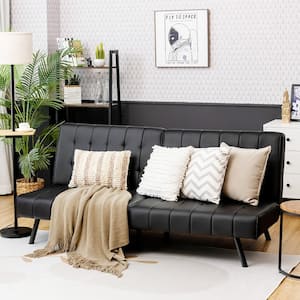 70 in. Width 4 Seats Black Solid Cotton Twin Size Sofa Bed PU Leather Convertible Folding Couch Sleeper Lounge