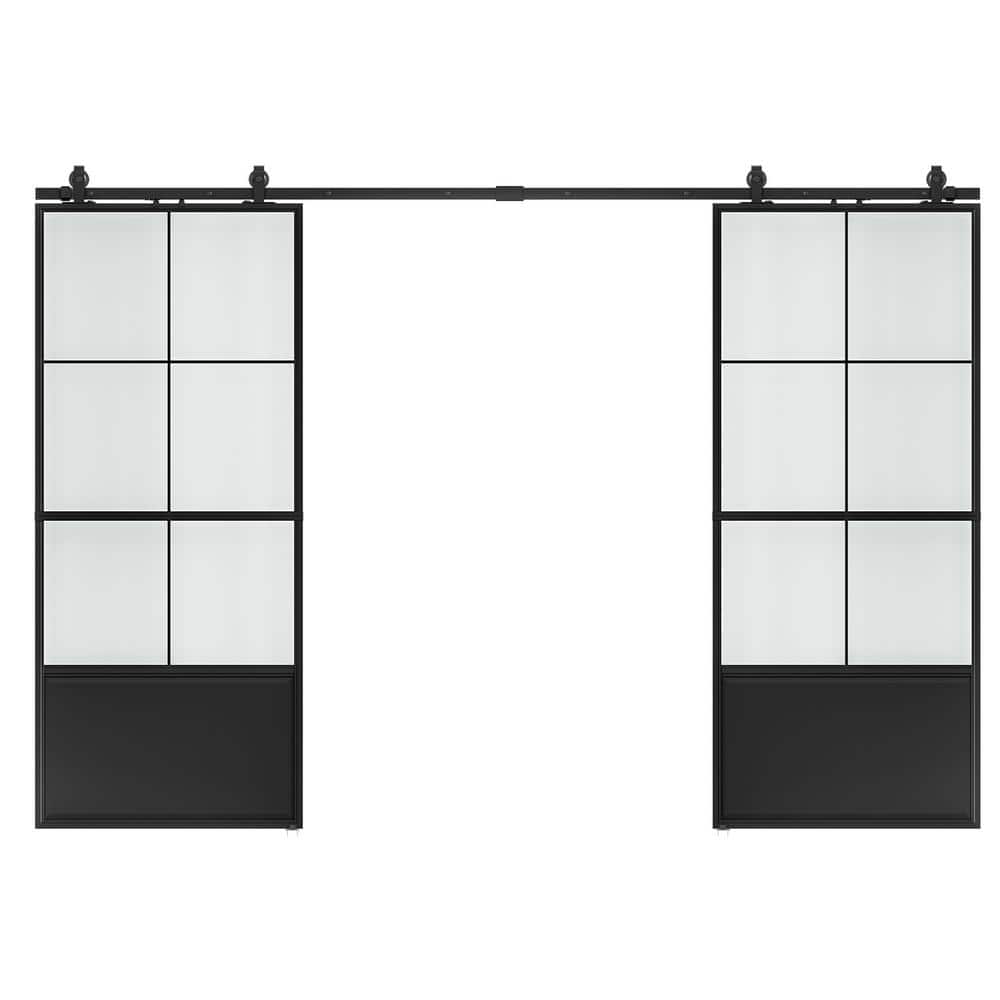 76 in. x 84 in. 3/4-Lite Frosted Glass Black Steel Frame Double Sliding Bar