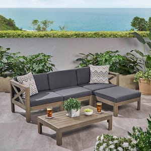 5-Piece Acacia Wood Conversation Set, Includes Coffee Table, Ottoman, with Water Resistant Cushions, Dark Gray