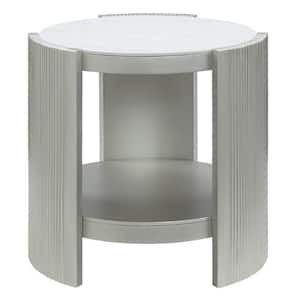 26 in. Champagne Silver Round Stone End Side Table with Wooden Frame