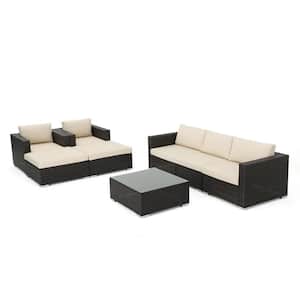 Multi-Brown 8-Piece Faux Rattan Patio Sectional Seating Set with Beige Cushions