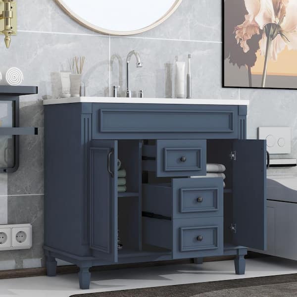 35.9 in. W x 18.1 in. D x 34 in. H Single Sink Freestanding Bath Vanity in Blue with White Ceramic Top and Cabinet