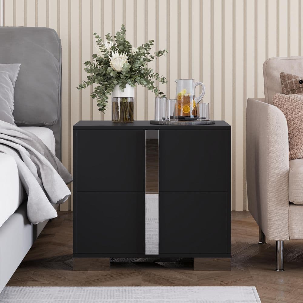 23.25 in. Black End Table Nightstand w/ 2 Drawer and Mirrored Metal Handles, Bedside Sofa Table for Living Room Bedroom