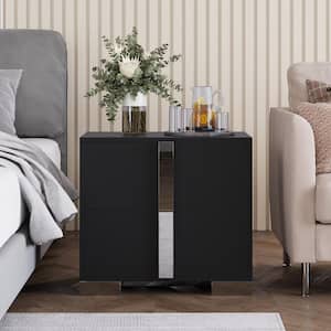 23.25 in. Black End Table Nightstand w/ 2 Drawer and Mirrored Metal Handles, Bedside Sofa Table for Living Room Bedroom