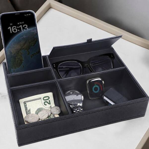 mens leather dresser tray Men's Carbon Black Faux Jewelry Organizer with 5 Compartments Nightstand Catchall Box ID118PH033 leather valet tray