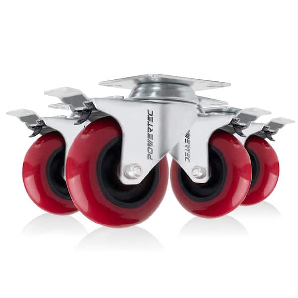 POWERTEC 3 in. Swivel Plate Caster Wheels with Brake, Dual Locking Polyurethane Plate Casters (4-Pack)