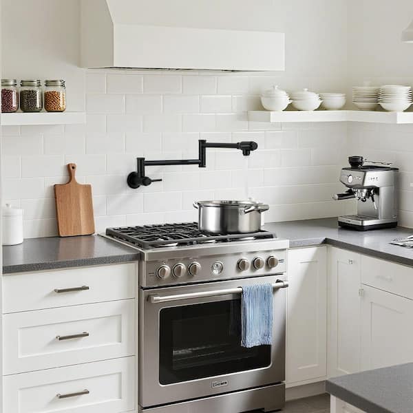 Wall Mount Pot Filler Kitchen Folding Faucet Double-Handle with Dual Joint Swing Arm in Matte Black