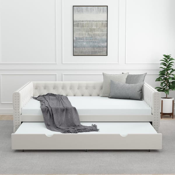 Noble House Yerla Beige Modern Button Tufted Velvet Upholstery Full Daybed and Twin Trundle without Mattress