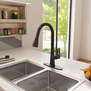 3-Spray Patterns Single Handle Pull Down Sprayer Kitchen Faucet with Deckplate and Water Supply Hoses in Matte Black