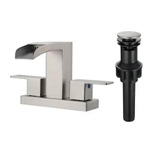 Waterfall 4 in. Centerset Double Handle Low Arc Bathroom Faucet with Drain kit Included in Brushed Nickel