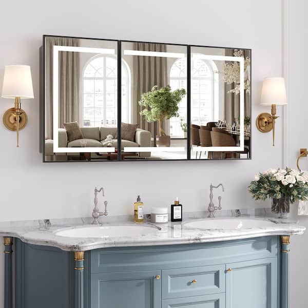60 in. W x 32 in. H Large Rectangular Black Wall Mount LED Lighted Medicine Cabinet with Mirror