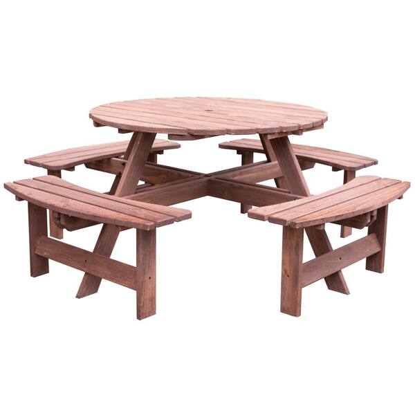 Gardenised 8 Person Brown Round Wooden, Round Wood Picnic Table