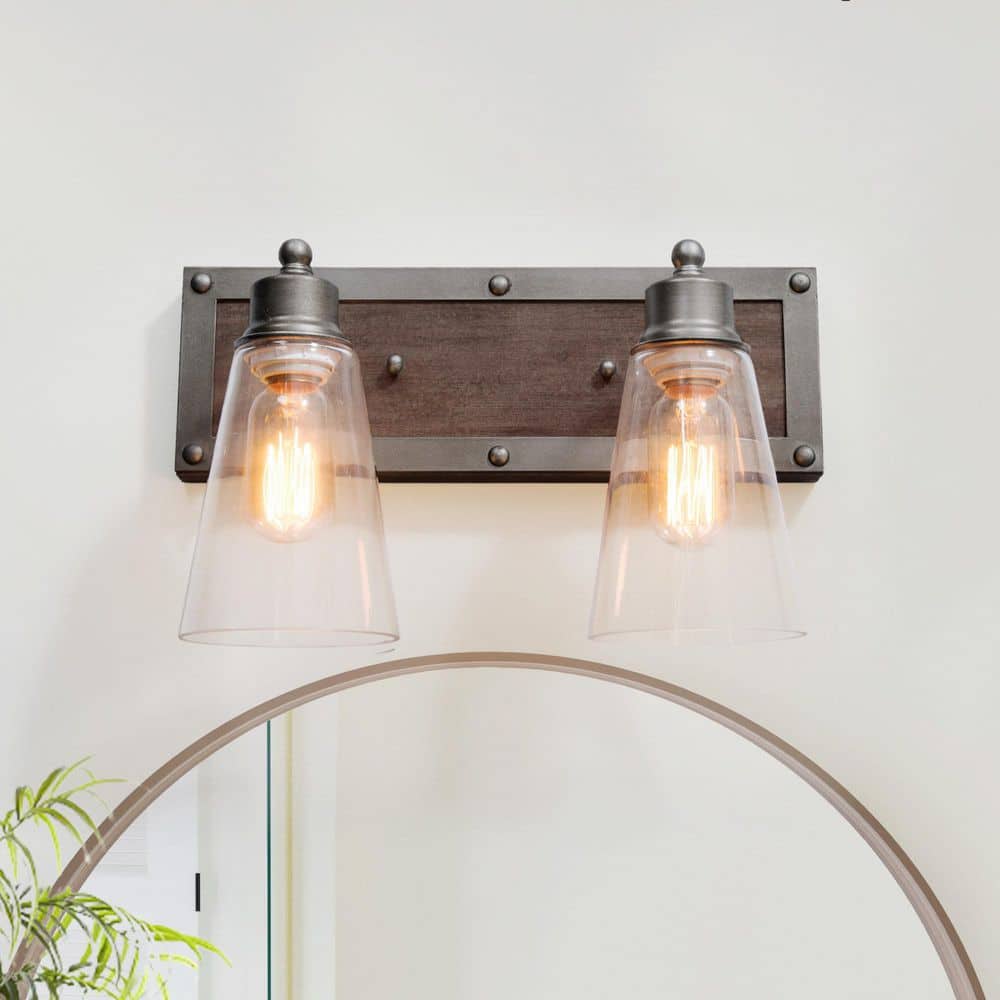 3-Light Farmhouse Vanity Light Fixture - Black Rustic With Faux Wood Grain & Clear Glass Shades, E26 Dimmable