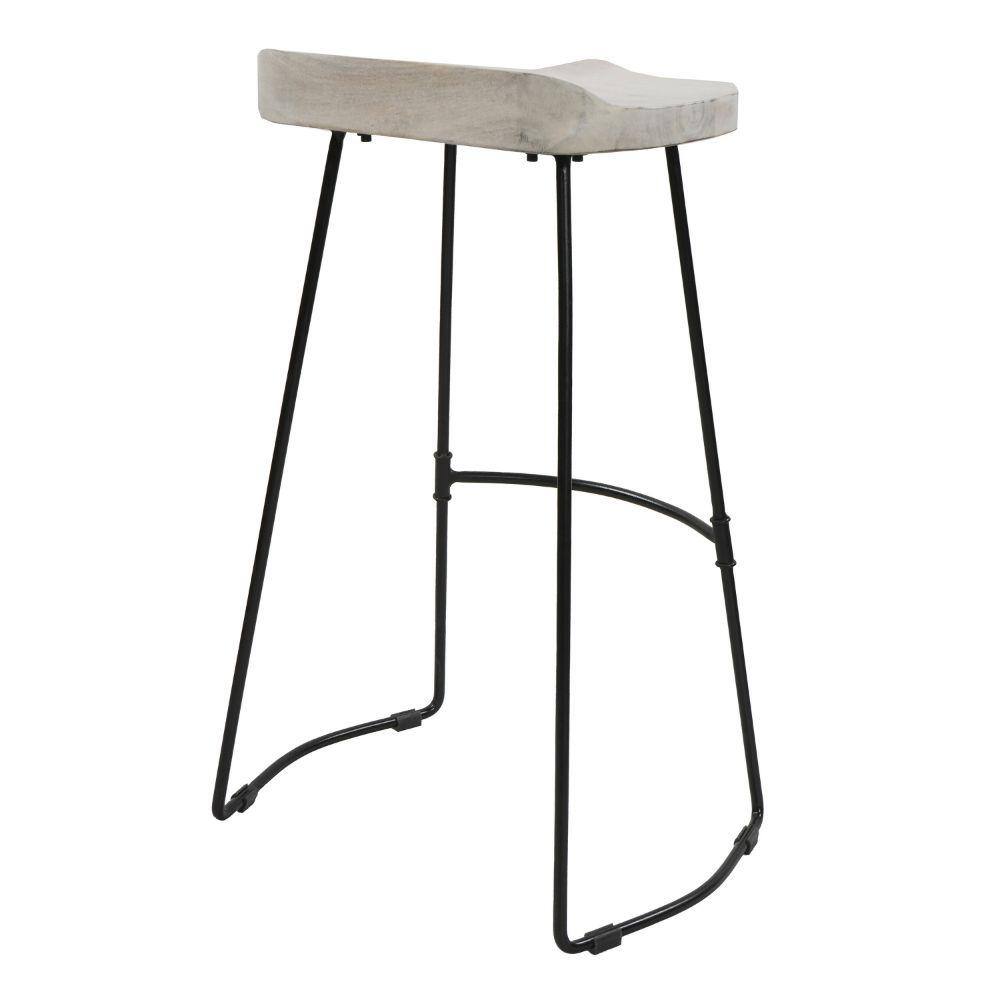 30-Inch Whitewashed Mango Wood Saddle Seat Backless Barstool with Black Metal Base
