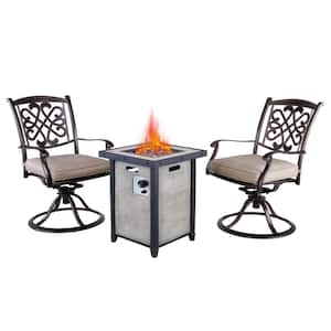 Nocturne Dark Gold 3-Piece Cast Aluminum Patio Fire Pit in White Swivel Seating Set with Beige Cushions for Garden, Yard