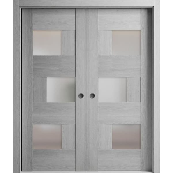 VDOMDOORS 48 in. x 80 in. 2 Panel Light Grey Oak Finished Solid MDF Sliding Door with Hardware