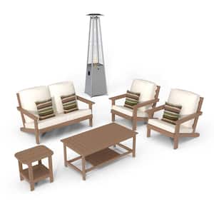6-Piece Plastic Patio Conversation Set Lounge Chair Coffee Table 40000 BTU Outdoor Heater with Beige Cushions