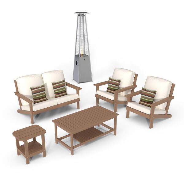 Mondawe 6-Piece Plastic Patio Conversation Set Lounge Chair Coffee Table 40000 BTU Outdoor Heater with Beige Cushions
