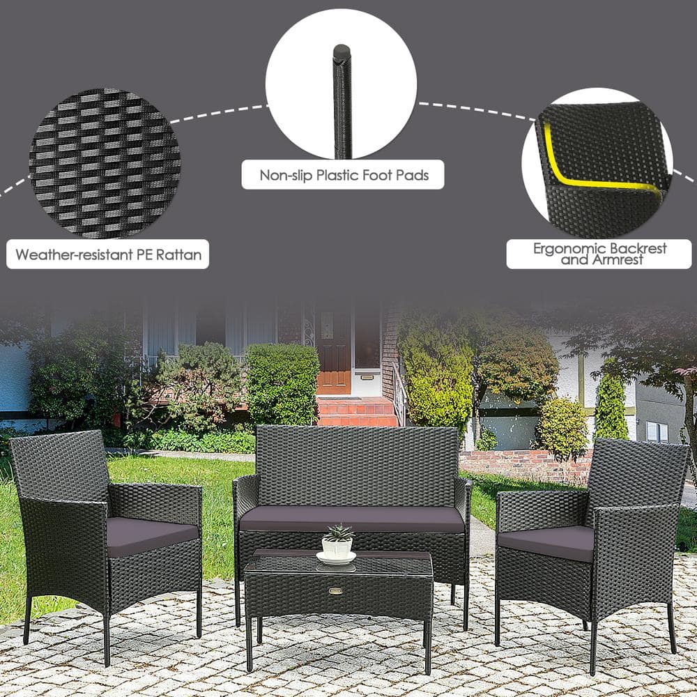Gray and Off-White 4-Person Rattan Outdoor Sofa Set with Tempered Glass Table