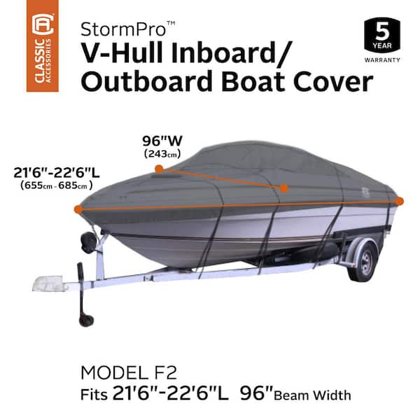 Classic Accessories 21 ft. 6 in. to 22 ft. 6 in. L, Beam Width to 96 in. W  StormPro Charcoal V-Hull Inboard/Outboard Boat Cover Fits 20-400-130801-RT  - The Home Depot