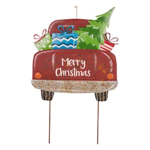 31.89 in. H Rusty Metal Christmas Truck Yard Stake or Standing Decor or Wall Decor
