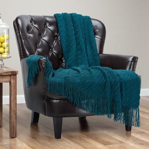 Textured Deep Teal Bevel Knit Acrylic Throw Blanket with Tassels, 50 in. x 65 in.