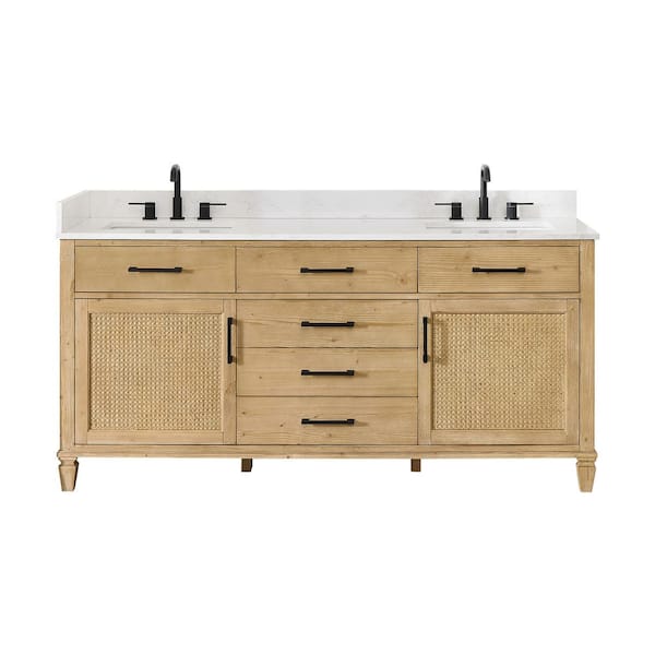 Salome 72 in. Double Freestanding Weathered Fir Bath Vanity with Grain White Engineered Stone Top Assembled