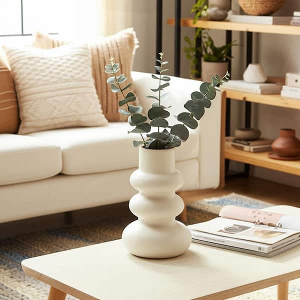 Liv & Skye 10 in. Ivory Stoneware Stackable Abstract Decorative Vase