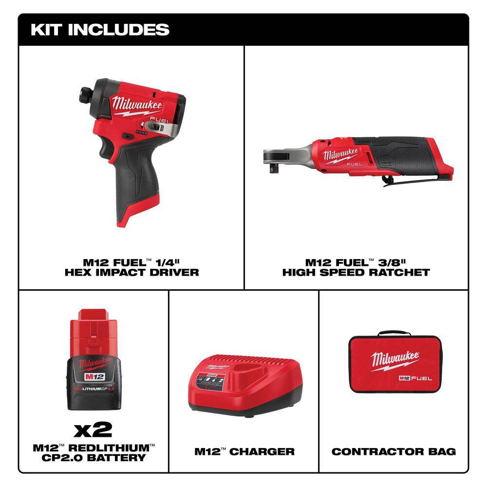 M12 FUEL 12V Lithium-Ion Cordless 3/8 in. Ratchet and 1/4 in. Impact Driver Kit (2-Tool) w/Batteries, Charger & Bag - 1