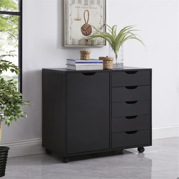 HOMESTOCK Black, 5-Drawer Wood Dresser Storage Cabinet with Shelves, Wheels, Craft Storage, Makeup-Drawer File Cabinet,