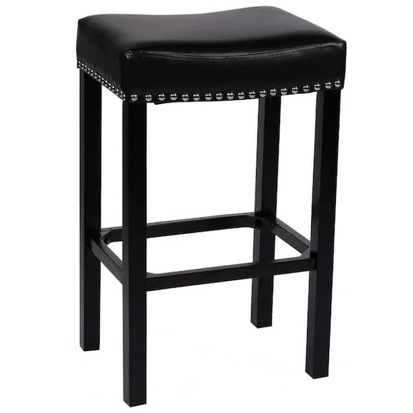 Armen Living Tudor 26 in. Black Bonded Leather with Chrome Nailhead Accents Backless Stationary Bar Stool