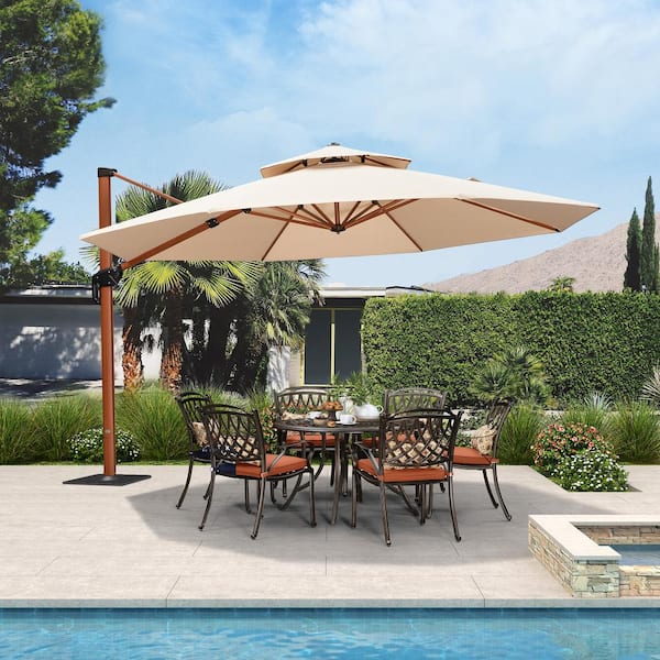 PURPLE LEAF 13 ft. Octagon High-Quality Wood Pattern Aluminum Cantilever Polyester Patio Umbrella with Base Plate, Beige