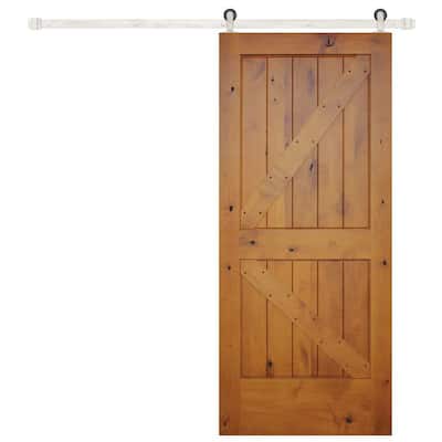 36 in.x 84 in. Rustic Prefinished 2-Panel V-Groove Left Knotty Alder Wood Sliding Barn Door with Satin Nickel Hardware