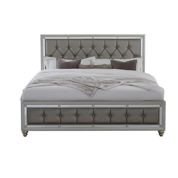 HomeRoots Charlie Silver Queen Panel Bed with Padded Footboard Mirror Trim Accents