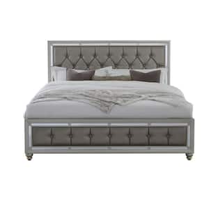 Charlie Silver King Panel Bed with Padded Footboard Mirror Trim Accents