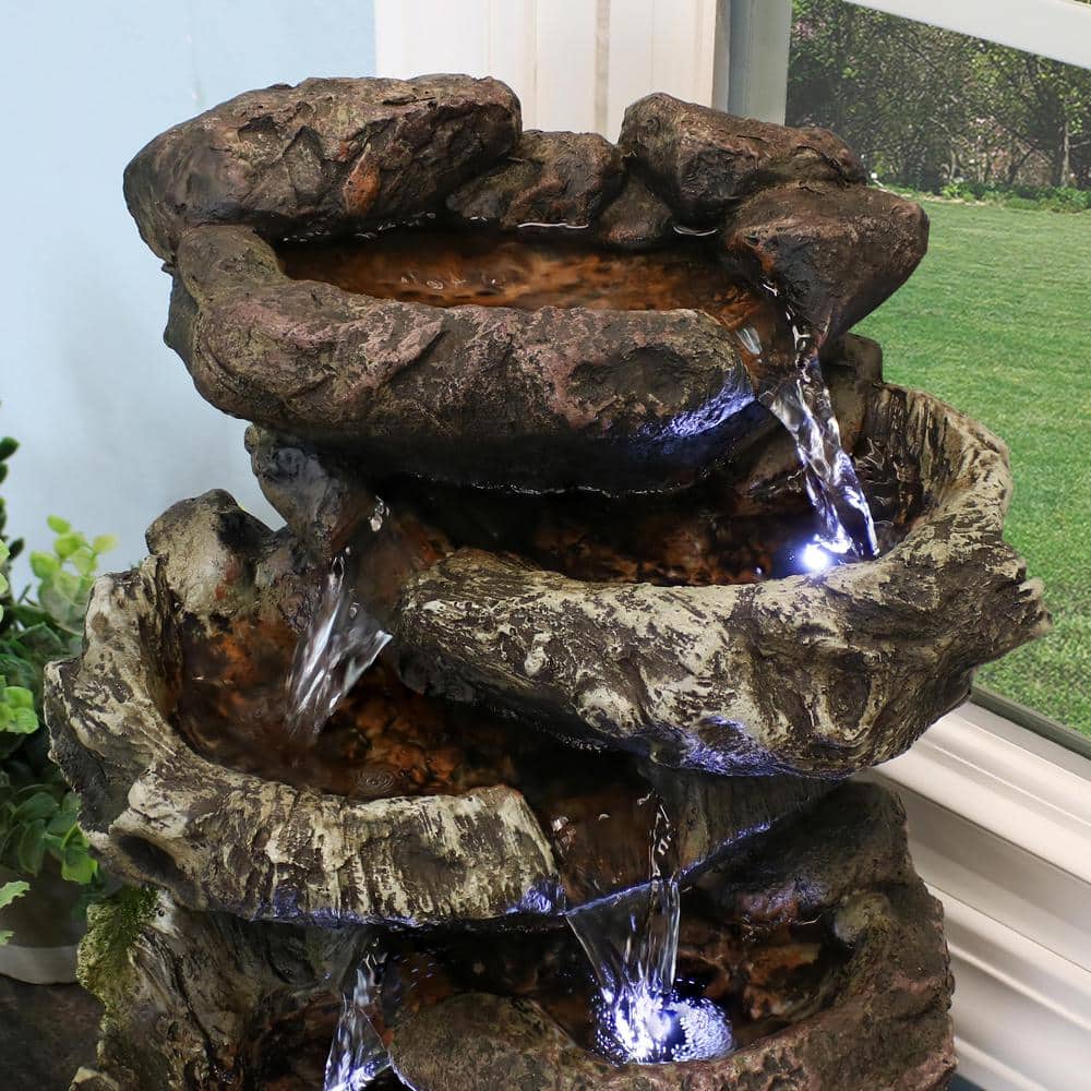 Rustic Dark Brown Polyresin 14" Tabletop Fountain with LED Lights