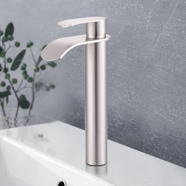 Single Handle High-Arc Single Hole Bathroom Faucet with Pop Up Drain Included and Waterfall Spout in Brushed Nickel