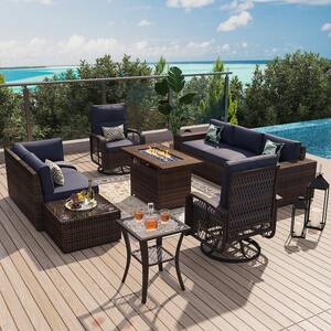 10-Piece Outdoor Rattan Wicker Patio Conversation Set with Fire Pit Table Swivel Chairs Blue Cushions
