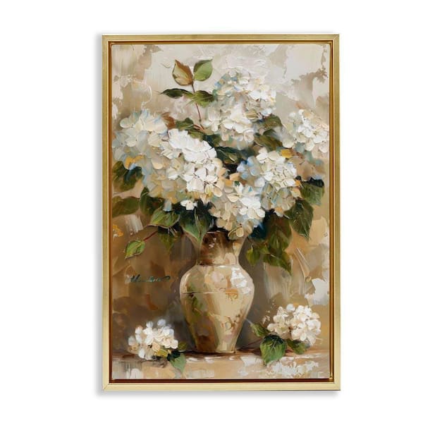 Vintage White Hydrangeas by LSR Design Studio Gold Floater Frame Nature Graphic Art Print 31 in. x 21 in.
