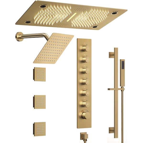 GRANDJOY AuroraSymphony LED Bluetooth 6-Spray Ceiling Mount 28 and 10 in. Dual Showers 3-Jet Handheld 2.5 GPM in Brushed Gold