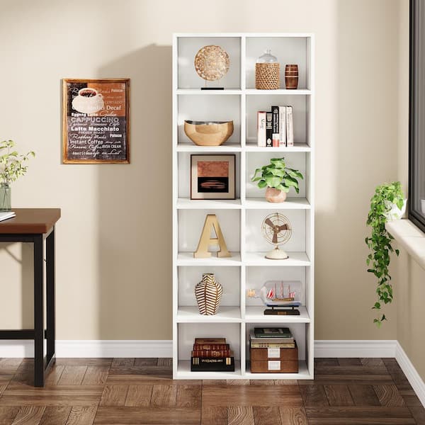 Eulas 71.6 in. Tall White Engineered Wood 12-Shelf Modern Standard Bookcase, Vertical or Horizontal Narrow Bookshelf